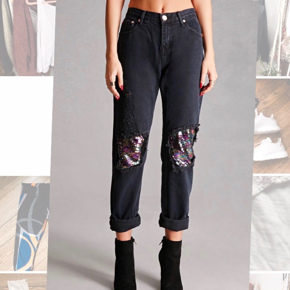 Sequin Knee Black Boyfriend Jeans